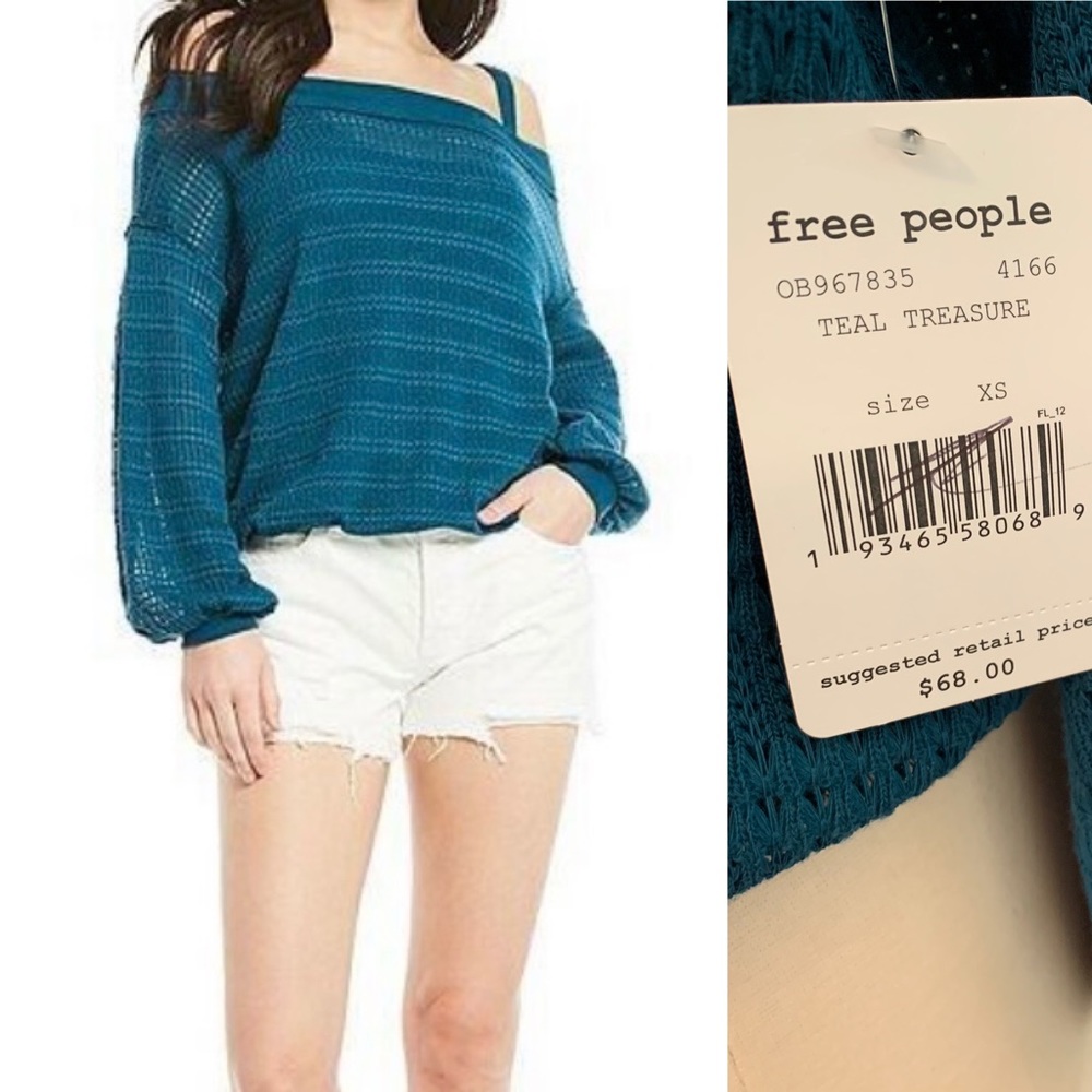 Free People Off shoulder blouse Top Blue XS Teal Treasure NWT long sleeve top
